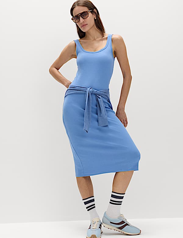 Marks & Spencer Cotton Rich Ribbed Midi Column Dress - Fresh Blue - US 4 -Petite