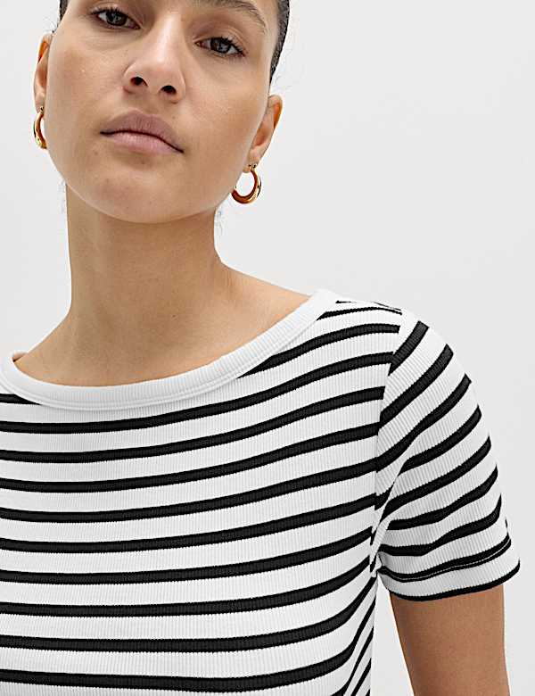 Robe midi coupe droite en coton &agrave; rayures - FR