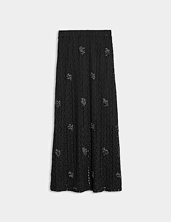 Cotton Blend Lace Embellished Midaxi Skirt