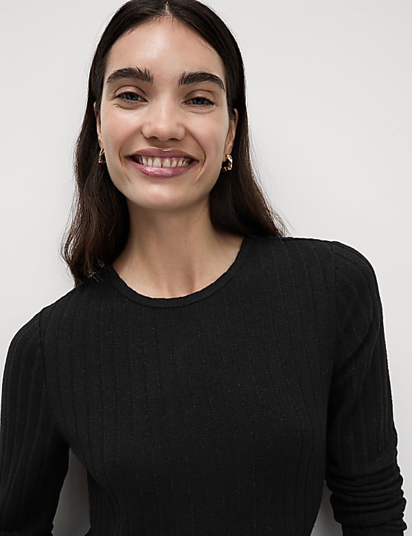 Robe midi coupe droite c&ocirc;tel&eacute;e en jersey effet brillant - LU