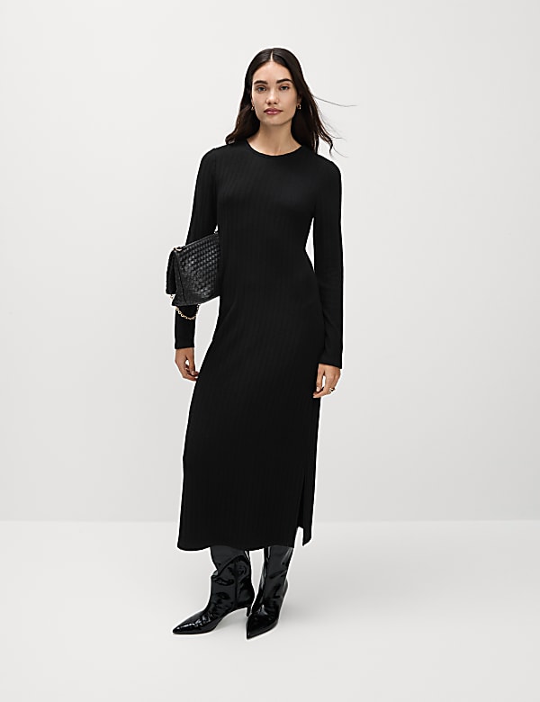 Robe midi coupe droite c&ocirc;tel&eacute;e en jersey effet brillant - LU