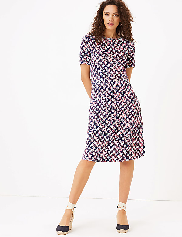 Jersey Floral Knee Length Swing Dress