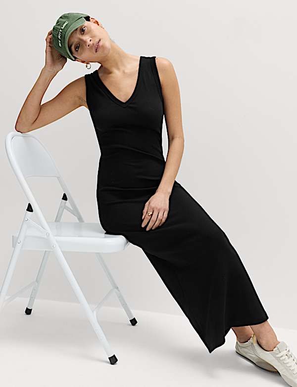 Cotton Rich V-Neck Midi Column Dress - BN