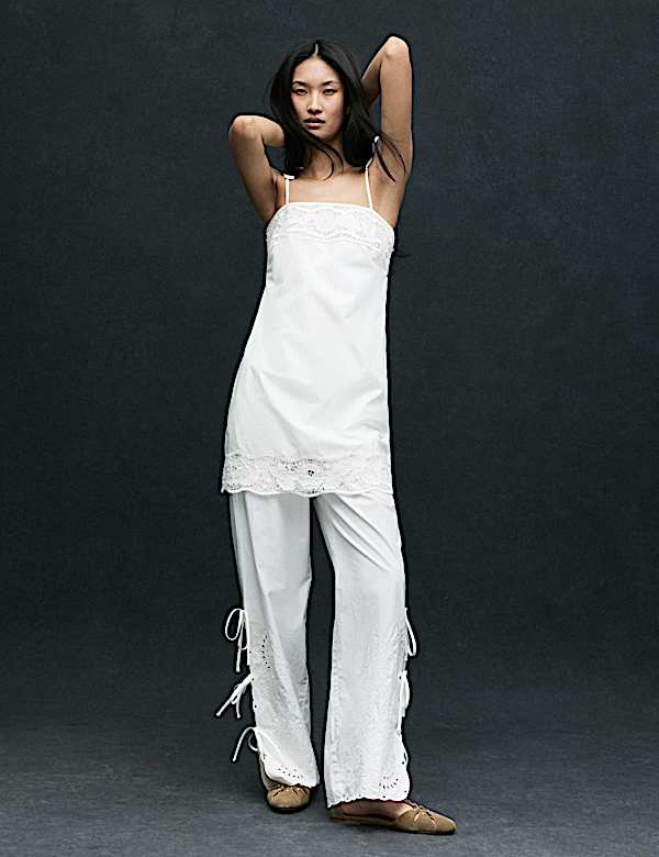 Robe caraco coupe courte 100 % coton &agrave; motif ajour&eacute; - CH