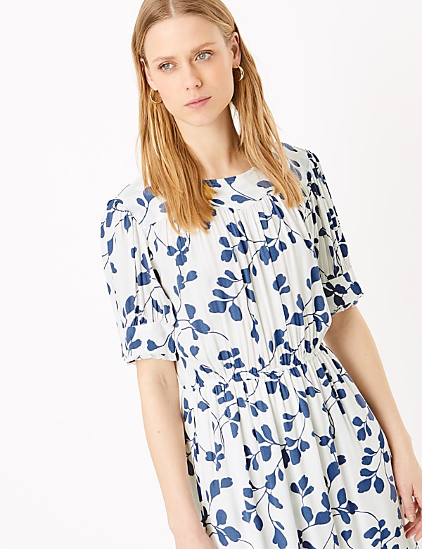 Leaf Print Midi Waisted Dress