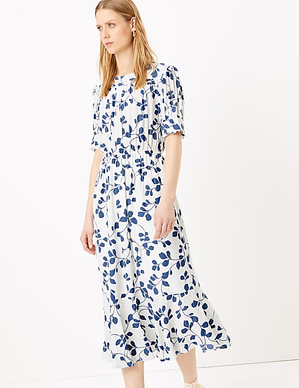 Leaf Print Midi Waisted Dress