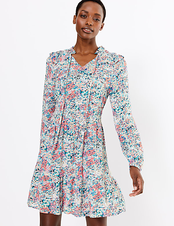 Floral High Neck Mini Waisted Dress