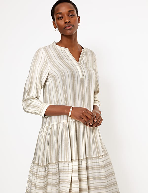 Striped V-Neck Tiered Midi Relaxed Dress