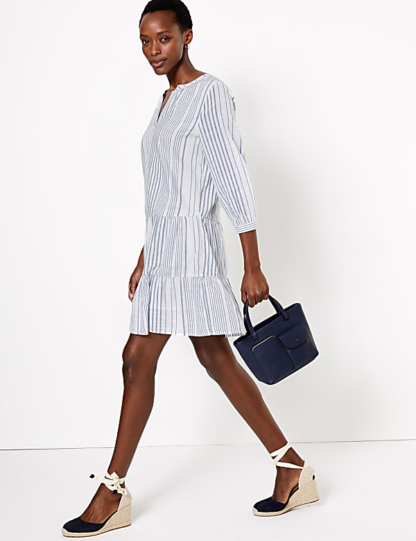 Pure Cotton Striped Tiered Mini Swing Dress