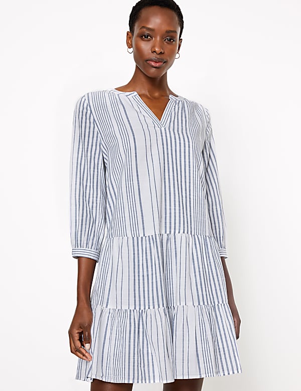 Pure Cotton Striped Tiered Mini Swing Dress