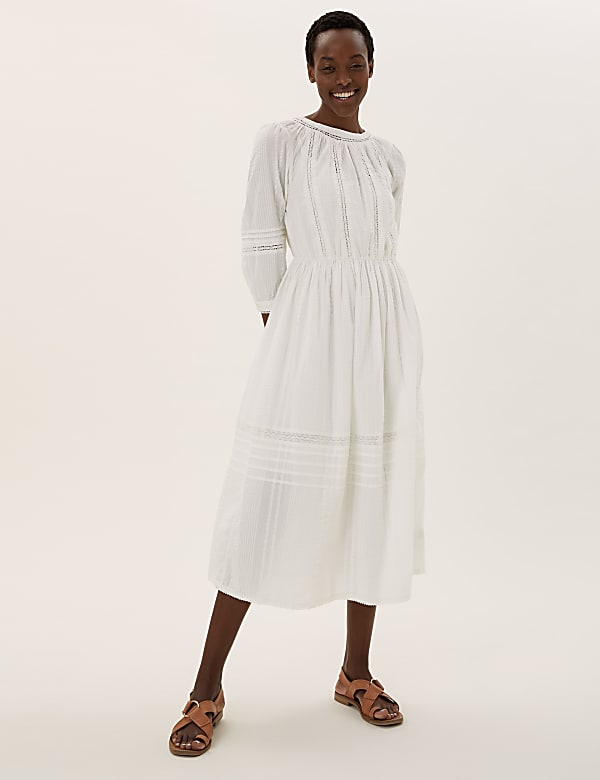 Pure Cotton Lace Trim Waisted Dress