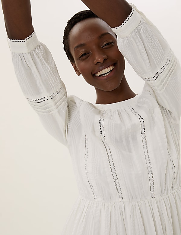 Pure Cotton Lace Trim Waisted Dress