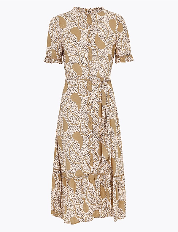 Printed Frill Belted Midi Shirt Dress
