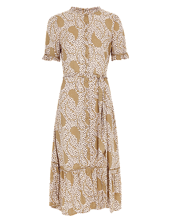 Printed Frill Belted Midi Shirt Dress