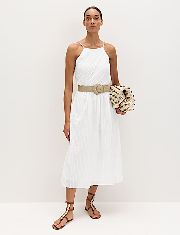 Pure Cotton Square Neck Strappy Midaxi Waisted Dress