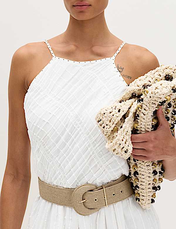 Robe midaxi 100 % coton &agrave; encolure carr&eacute;e, bretelles et taille ajust&eacute;e - LU