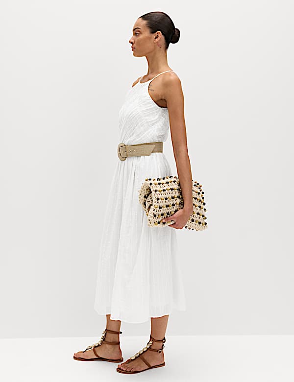 Pure Cotton Square Neck Strappy Midaxi Waisted Dress