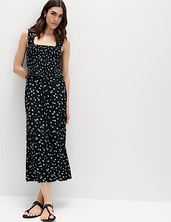 Vestido a media pierna a la cintura estampado de escote cuadrado - US