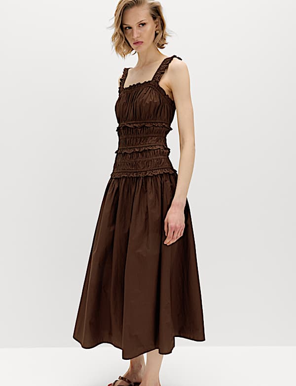 Pure Cotton Shirred Midi Waisted Dress - JP