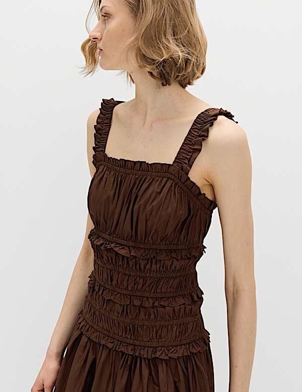 Pure Cotton Shirred Midi Waisted Dress - JP