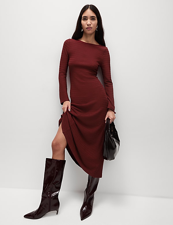 Textured Round Neck Midi Column Dress - PL
