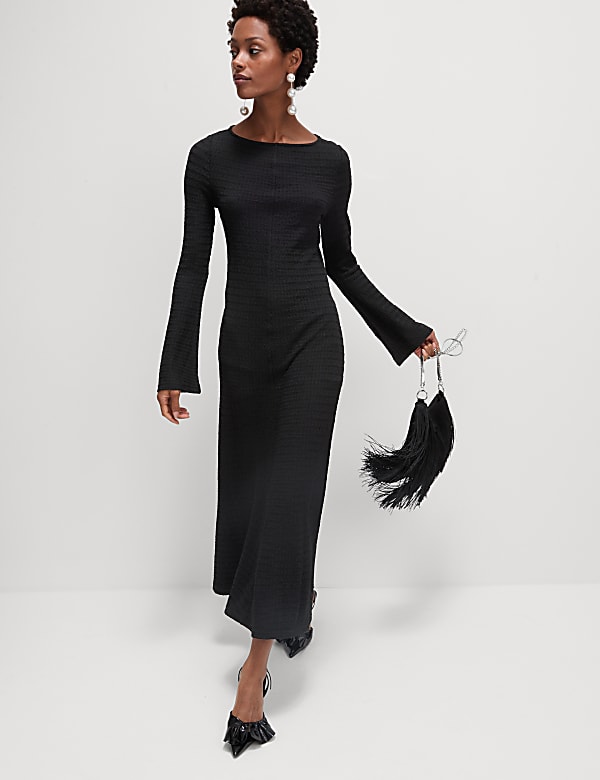 Textured Round Neck Midi Column Dress - ES