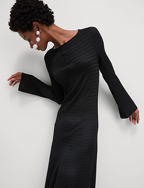 Textured Round Neck Midi Column Dress - ES
