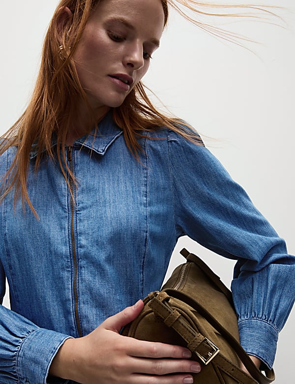 Denim Collared Zip Front Midi Waisted Dress - US