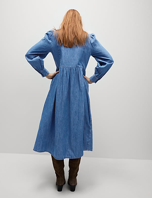 Denim Collared Zip Front Midi Waisted Dress - US