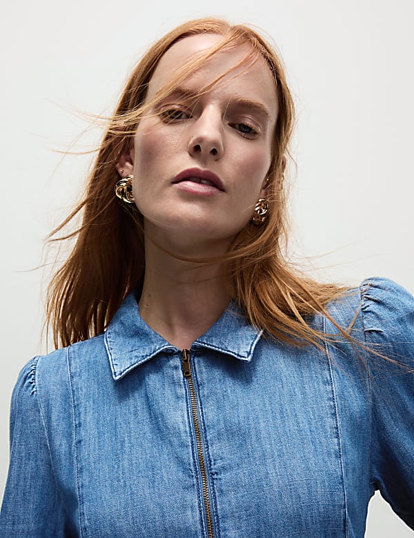 Denim Collared Zip Front Midi Waisted Dress - US