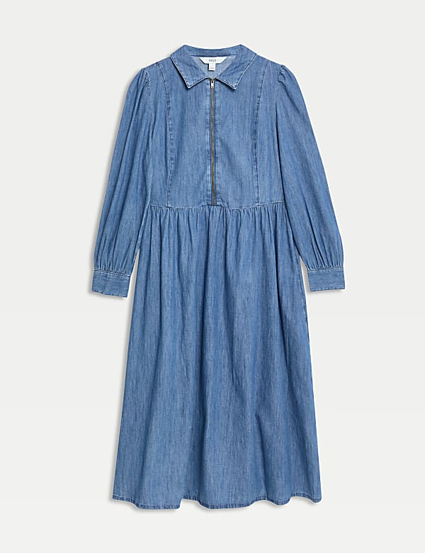 Denim Collared Zip Front Midi Waisted Dress - US
