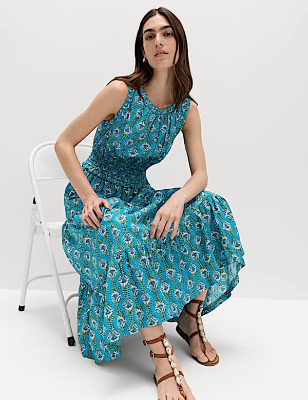 Pure Cotton Floral Midi Waisted Dress - CY