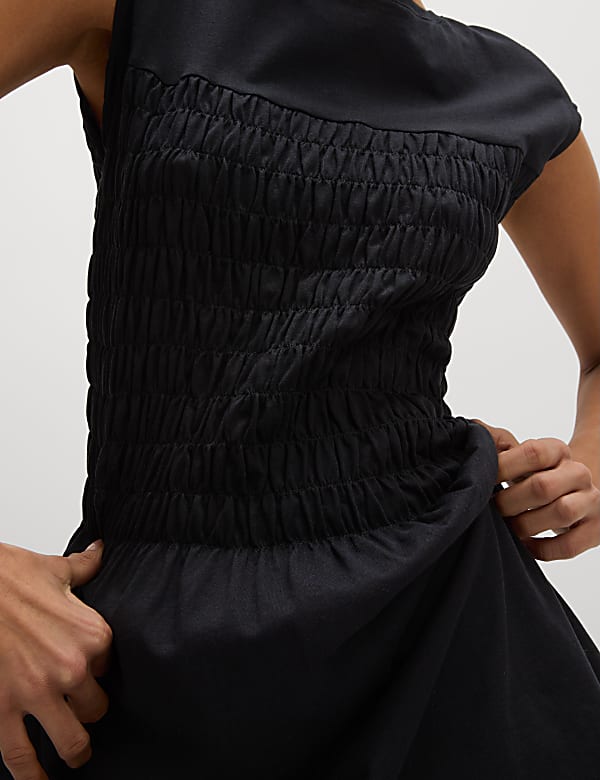 Pure Cotton Round Neck Mini Shirred Dress - JP