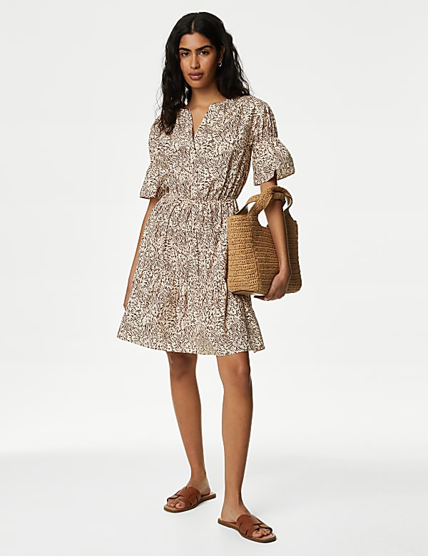 Pure Cotton Printed Mini Waisted Smock Dress