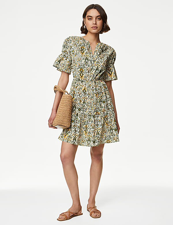Pure Cotton Printed Mini Waisted Smock Dress