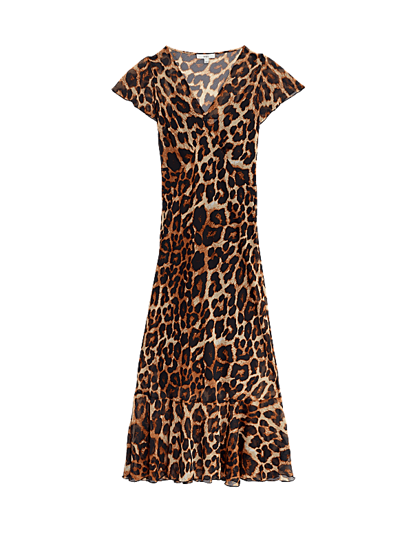 Chiffon Printed V-Neck Midi Waisted Dress