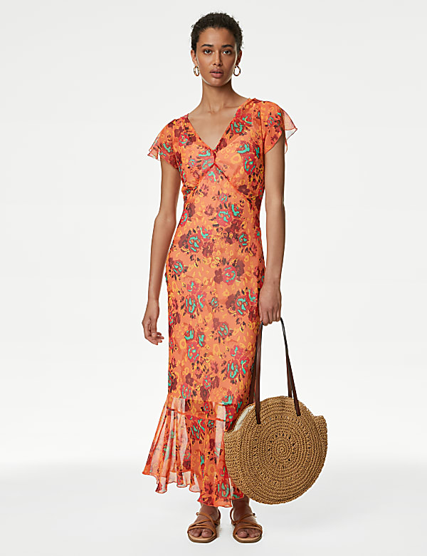 Chiffon Printed V-Neck Midi Waisted Dress