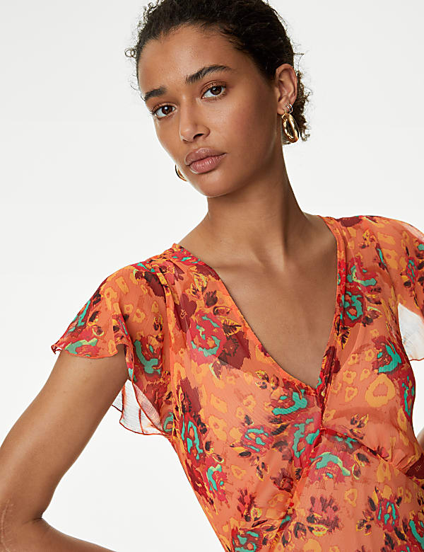 Chiffon Printed V-Neck Midi Waisted Dress
