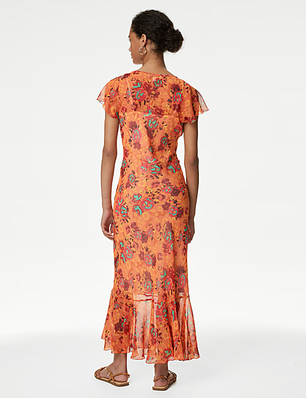 Chiffon Printed V-Neck Midi Waisted Dress