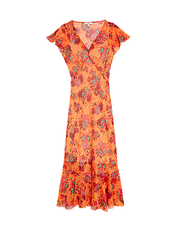 Chiffon Printed V-Neck Midi Waisted Dress