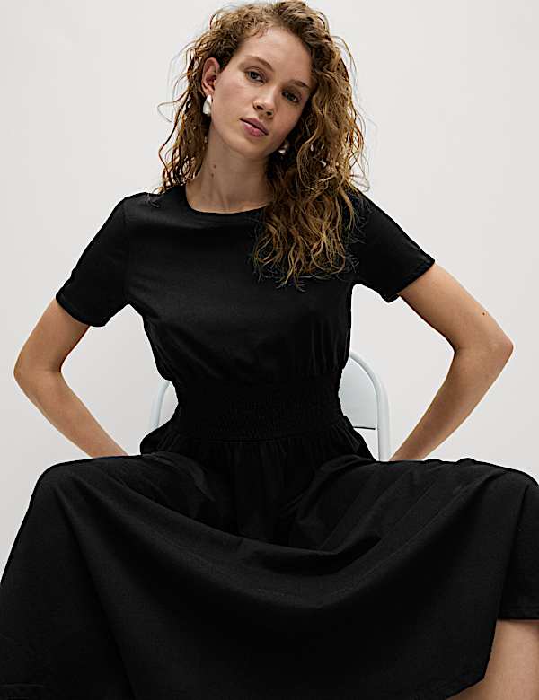 Pure Cotton Shirred Midi Waisted Dress - CZ