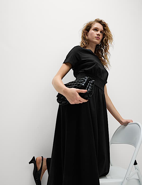 Pure Cotton Shirred Midi Waisted Dress - JP