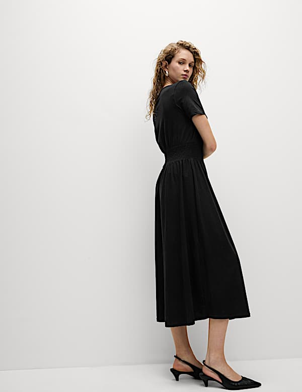 Pure Cotton Shirred Midi Waisted Dress - JP