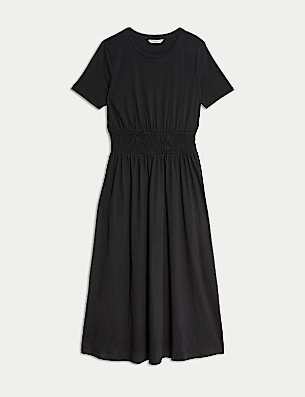 Pure Cotton Shirred Midi Waisted Dress - JP