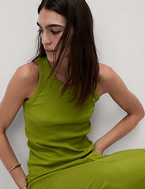 Cotton Rich Ribbed Crew Neck Midi Column Dress - IL
