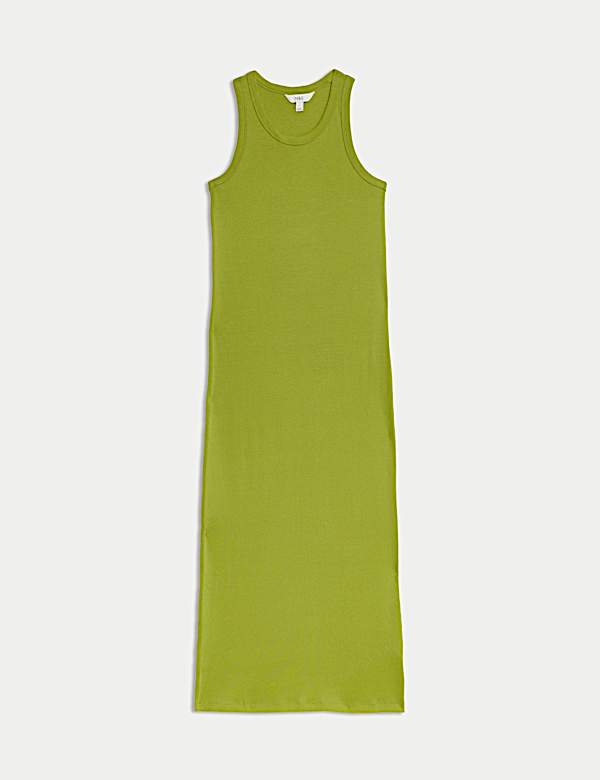 Cotton Rich Ribbed Crew Neck Midi Column Dress - CH