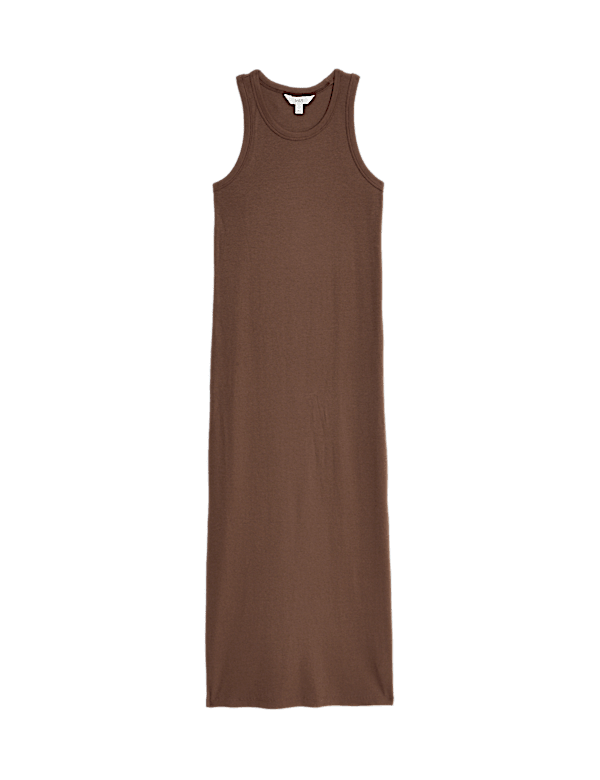 Cotton Rich Ribbed Crew Neck Midi Column Dress