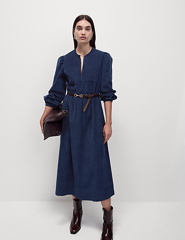 Cord Round Neck Midi Relaxed Dress - GR