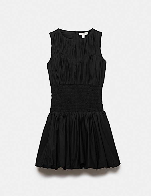 Pure Cotton Round Neck Shirred Mini Dress - LU