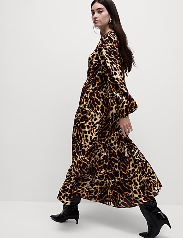 Animal Print Midi Waisted Tiered Dress - NZ